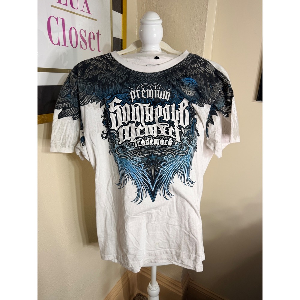 Southpole Mens Graphic T-Shirt White Blue Wing Print Y2K Streetwear Size M